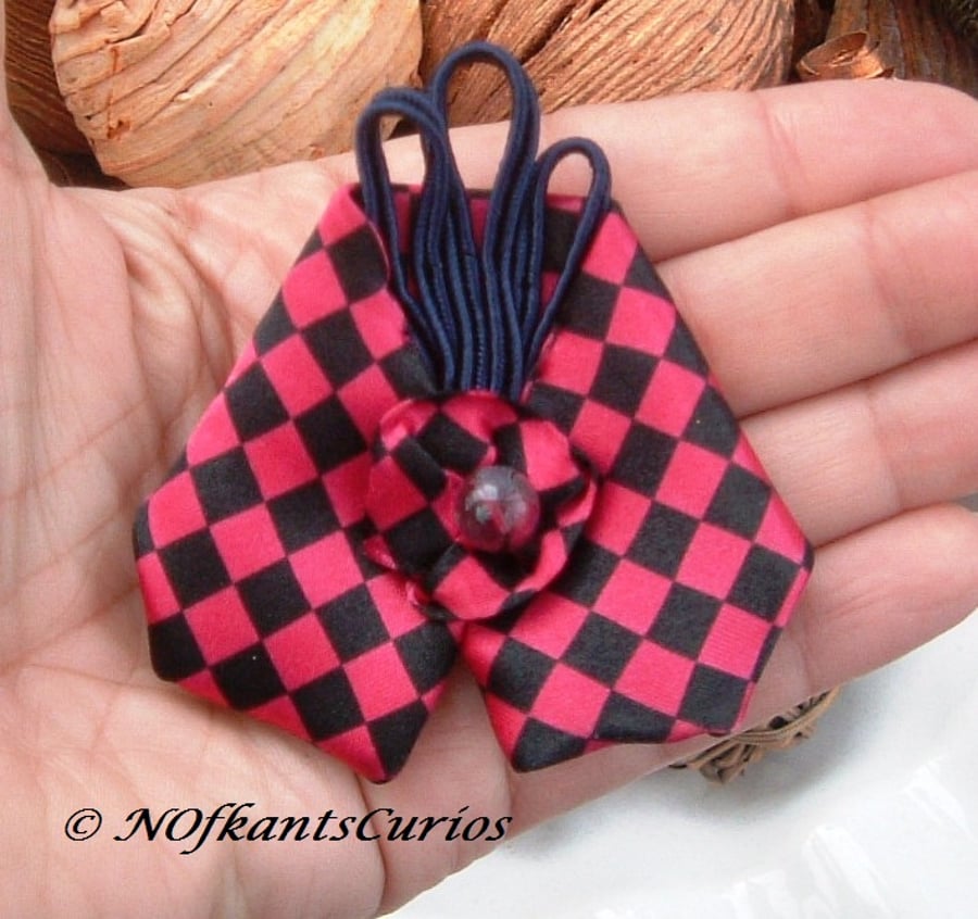 Checks, Tied to My Lapel  Vibrant Brooch made from Gent's Neck Tie.