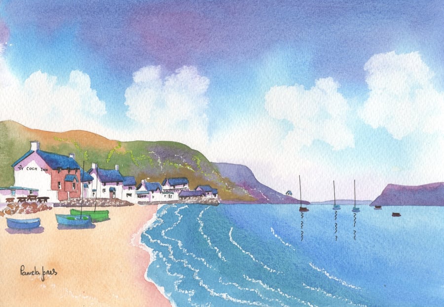 Ty Coch Inn, Porthdinllaen, North Wales, Watercolour Print, in 10 x 8 '' Mount
