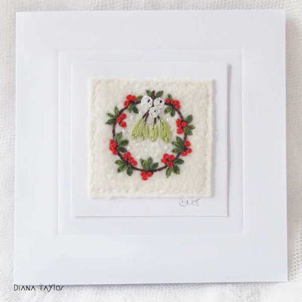 HAND EMBROIDERED CHRISTMAS CARD WINTER WREATH MISTLETOE