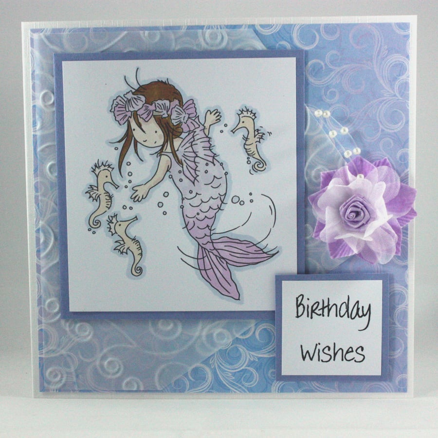 Handmade birthday card - purple mermaid