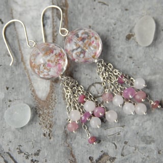 Sterling silver with pink speckle murano and ruby bead tassel earrings