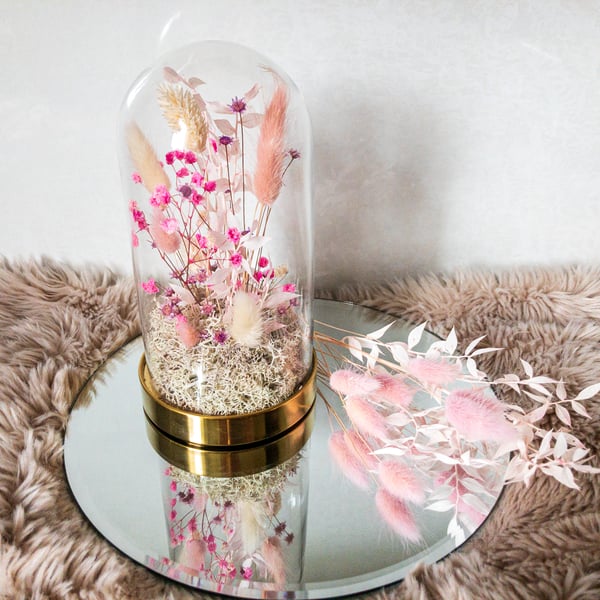 Dried flower arrangement in glass cloche dome - Folksy