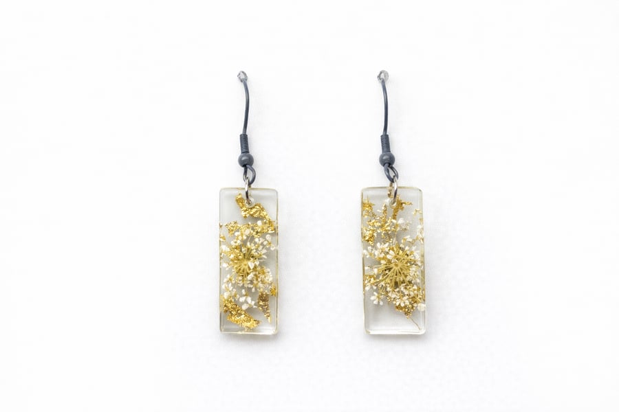 Small White Flower Dangle Rectangle Resin Earrings with Gold Leaf