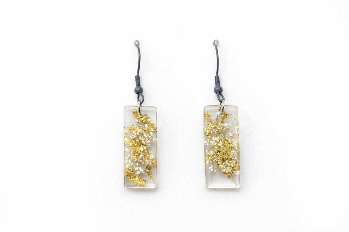 Small White Flower Dangle Rectangle Resin Earrings with Gold Leaf