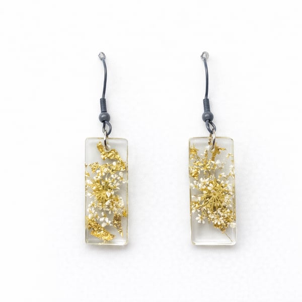 Small White Flower Dangle Rectangle Resin Earrings with Gold Leaf