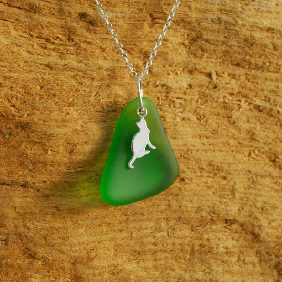 Beach glass pendant with cat charm