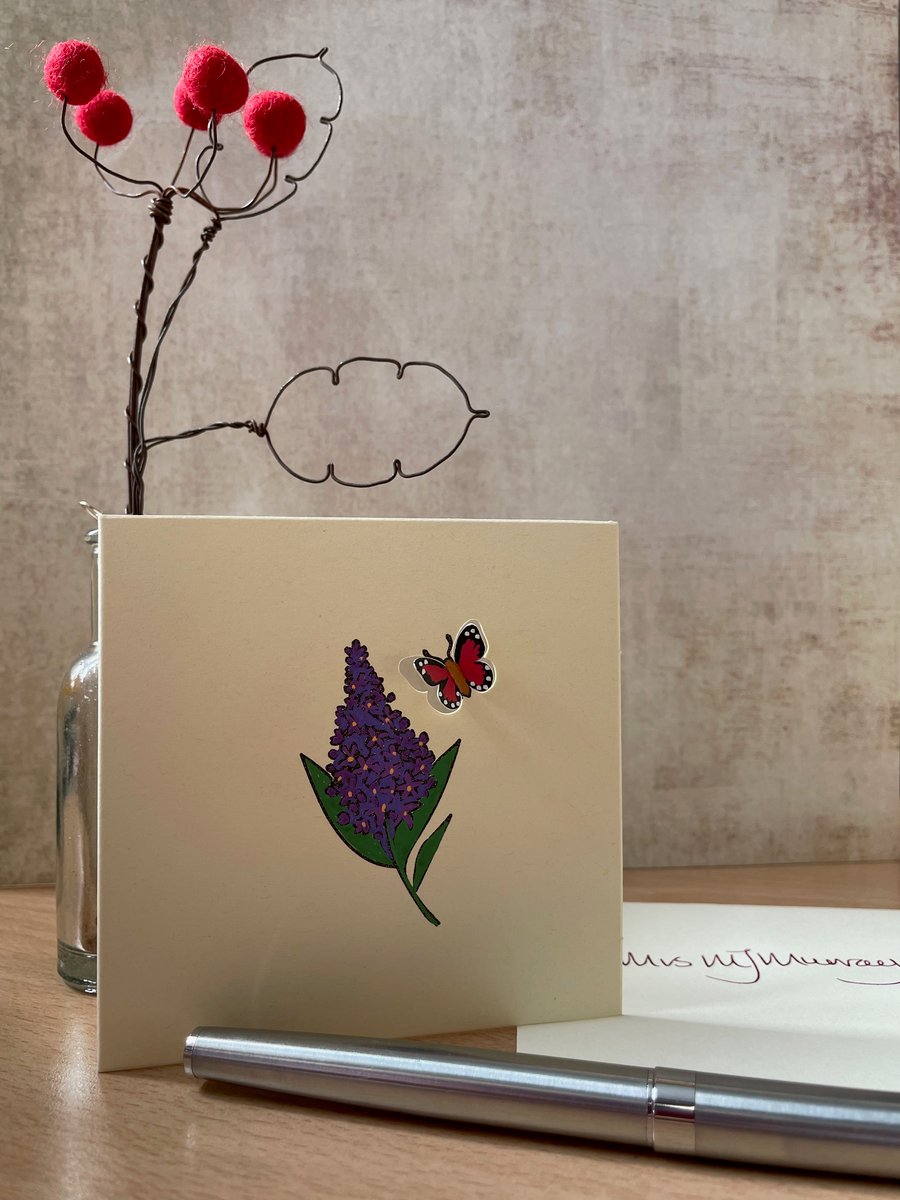 Buddleia and Butterfly - 3d hand painted card on cream