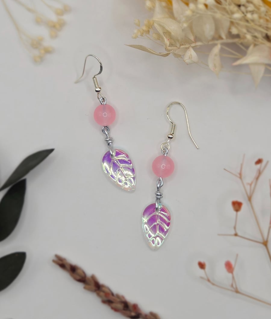 Iridescent beaded leaf and rose quartz earrings, sterling silver hooks