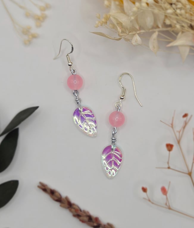 Iridescent beaded leaf and rose quartz earrings, sterling silver hooks