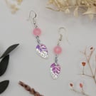Iridescent beaded leaf and rose quartz earrings, sterling silver hooks