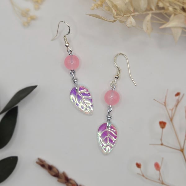 Iridescent beaded leaf and rose quartz earrings, sterling silver hooks