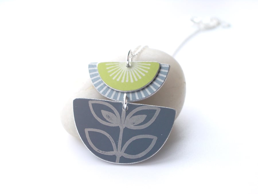 Green and grey folk art retro style flower pendant