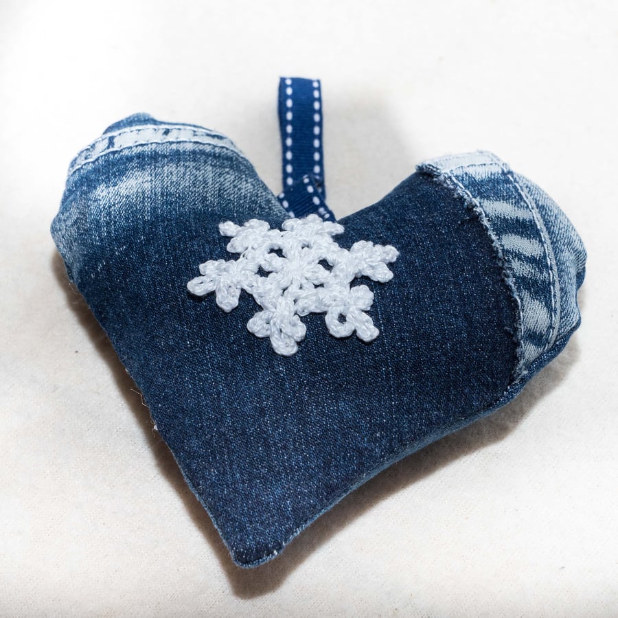 Recycled denim hanging heart Christmas decoration