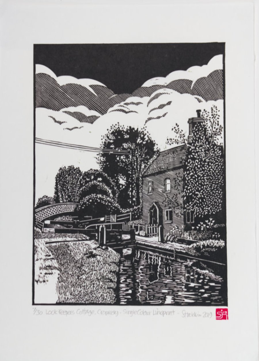 Lock Keepers Cottage, Cropredy Lock, Oxford Canal, Mono Linoprint