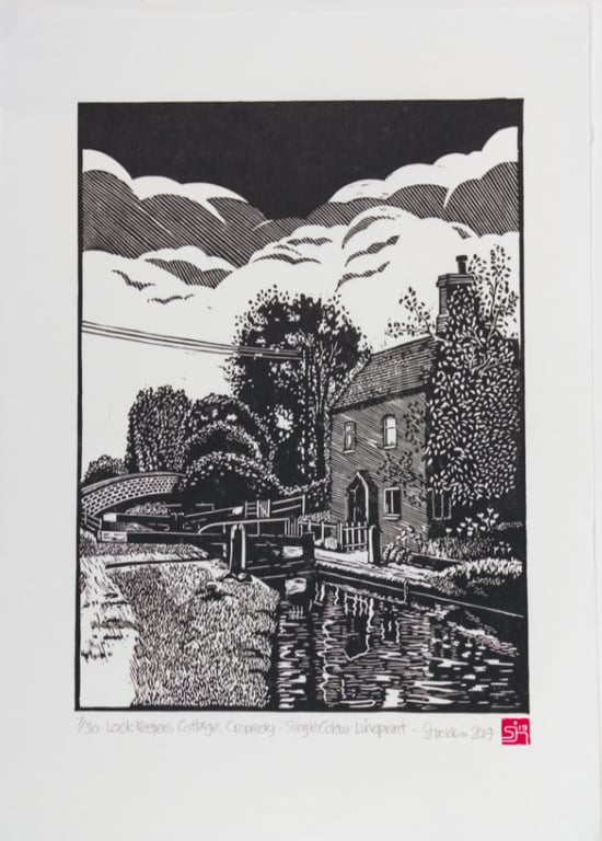 Lock Keepers Cottage, Cropredy Lock, Oxford Canal, Mono Linoprint