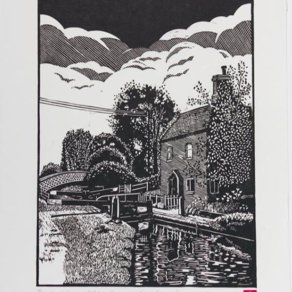 Lock Keepers Cottage, Cropredy Lock, Oxford Canal, Mono Linoprint