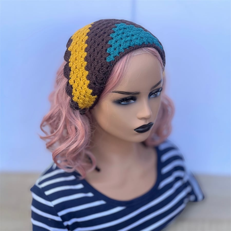 Boho Crochet Headscarf - Mustard Yellow & Teal - Cottagecore Accessory