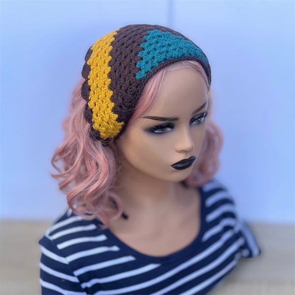 Boho Crochet Headscarf - Mustard Yellow & Teal - Cottagecore Accessory