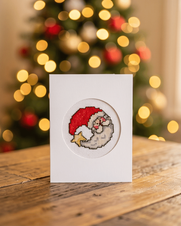 Santa Crescent Moon Cross Stitch Card, Handmade Father Christmas Card
