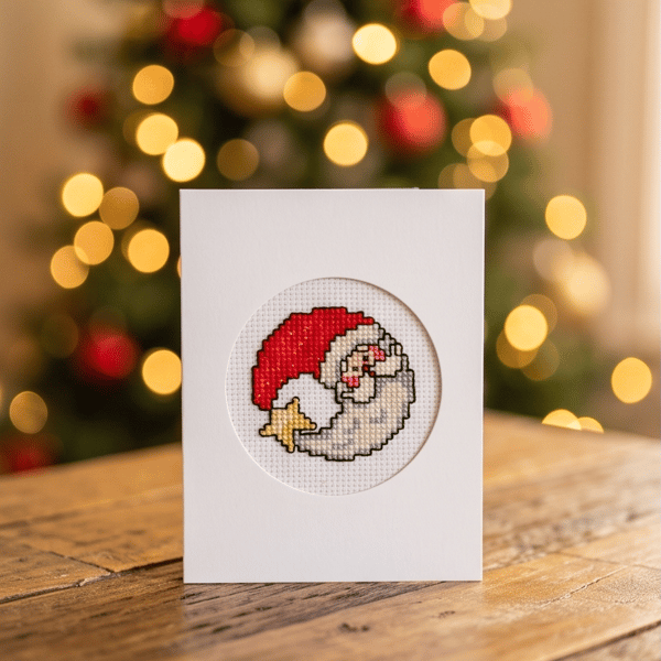 Santa Crescent Moon Cross Stitch Card, Handmade Father Christmas Card