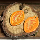 Pair of Handmade ceramic earring leaf shaped beads orange