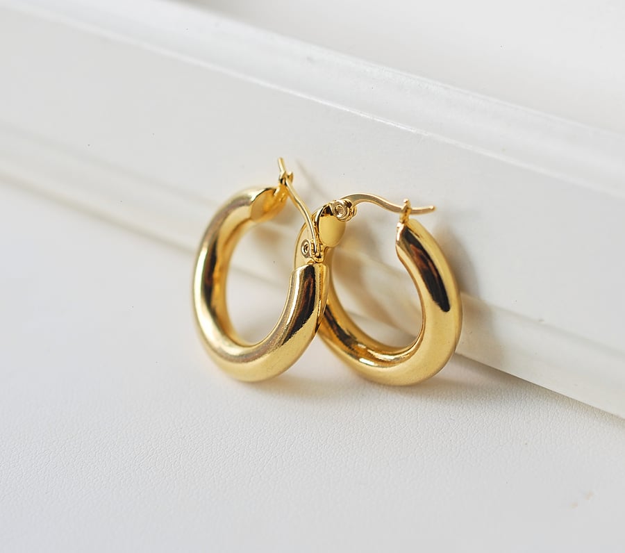 Thick hoop earrings, 18k gold plated chunky huggies earrings