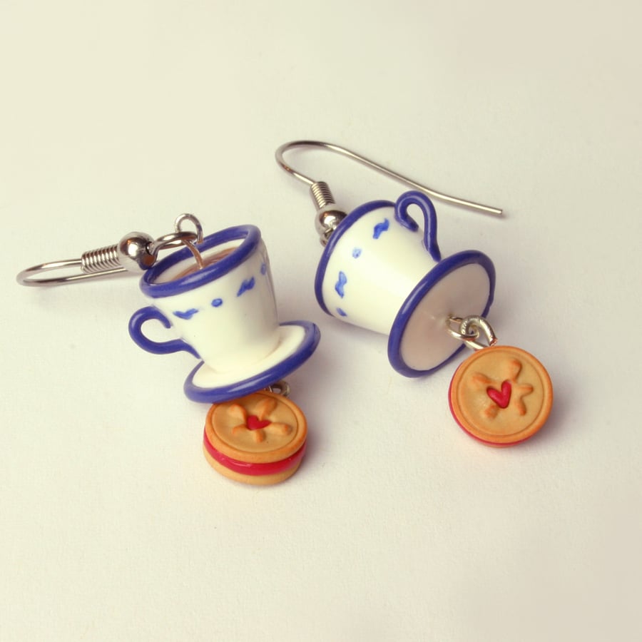 Tea and Biscuit earrings - blue china with jammy dodger