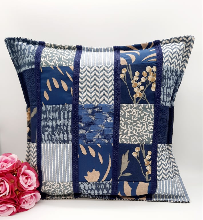 Navy blue patchwork 16" envelope cushion cover. 