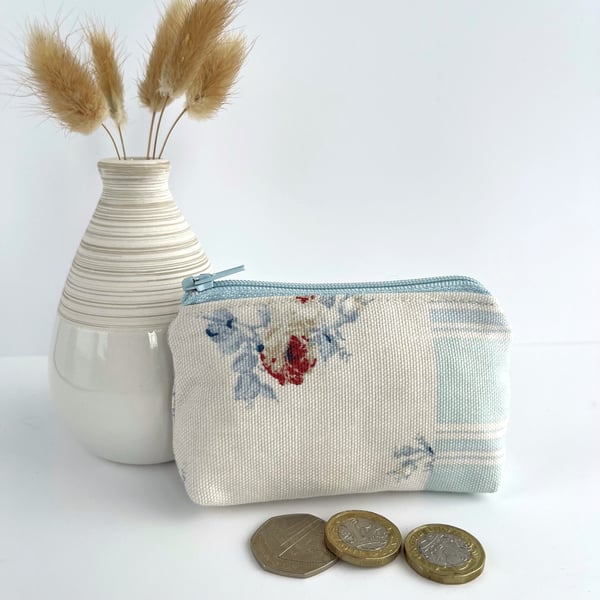 Small Purse, Coin Purse in Patchwork Print Floral and Striped Fabric