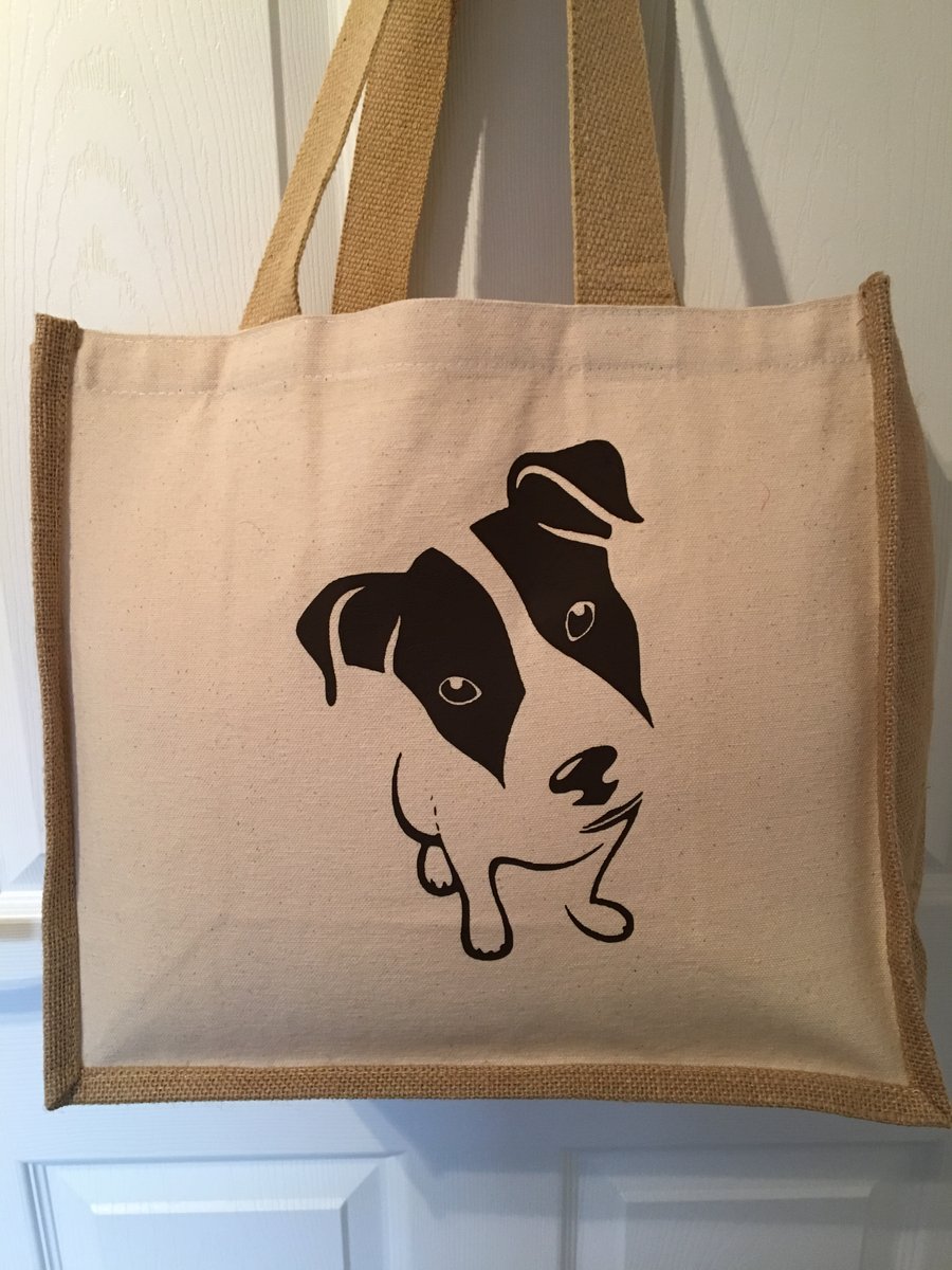 Jack Russell Design QualityJute & cotton tote with double bottle holder inside