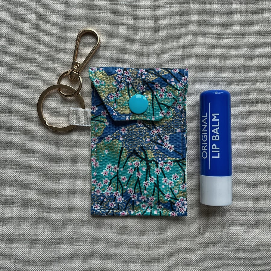Lip Gloss Lipstick Keyring Pouch Japanese Turquoise Tiny Blossoms