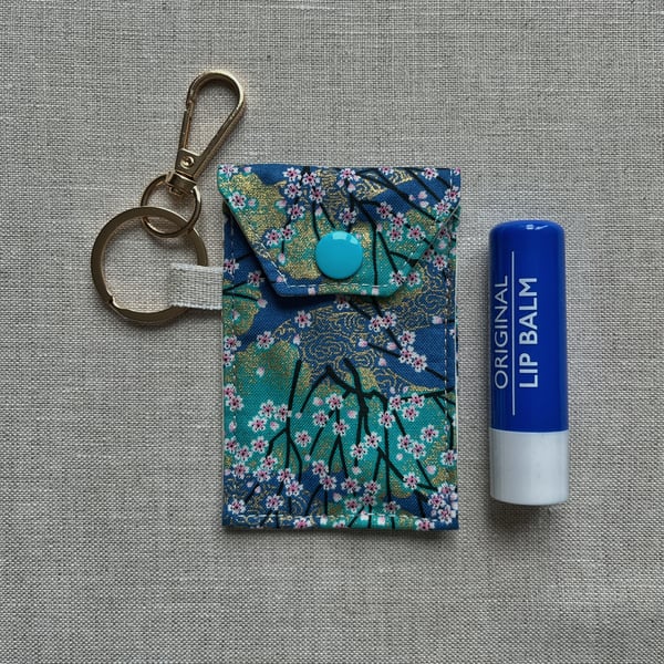 Lip Gloss Lipstick Keyring Pouch Japanese Turquoise Tiny Blossoms