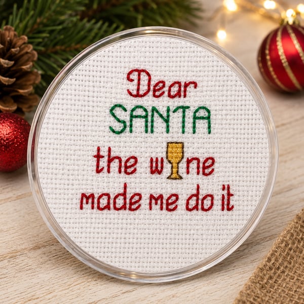 Handmade Cross Stitch Christmas Coaster – Funny Festive Gift