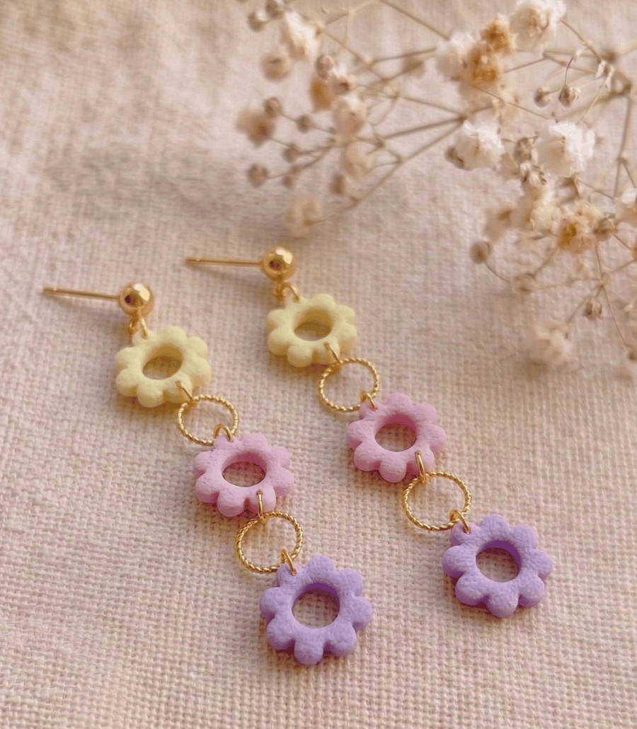 Pastel Flower Earrings for Wedding Guest, Long Floral Summer Dangle Gift