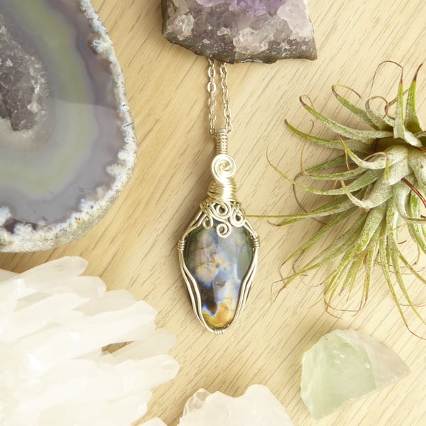 Wire Wrapped Labradorite Pendant - Silver Shimmer Stone in Silver Plated Copper 