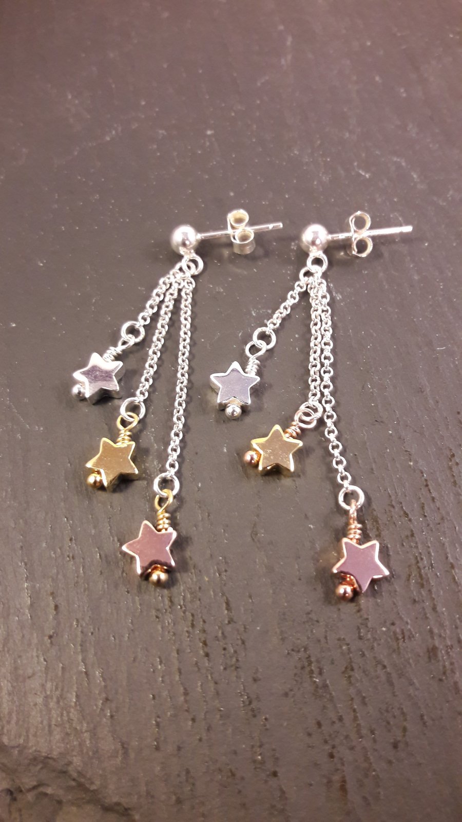 Sterling Silver, Gold and Rose Gold Star Earrings