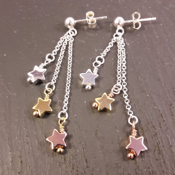 Sterling Silver, Gold and Rose Gold Star Earrings