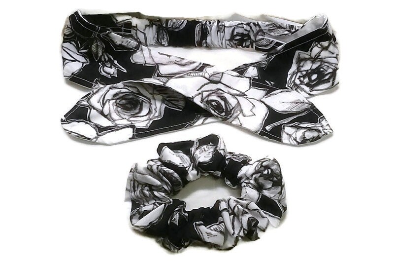 Black Rose Headband Scrunchie Set, cotton reusable