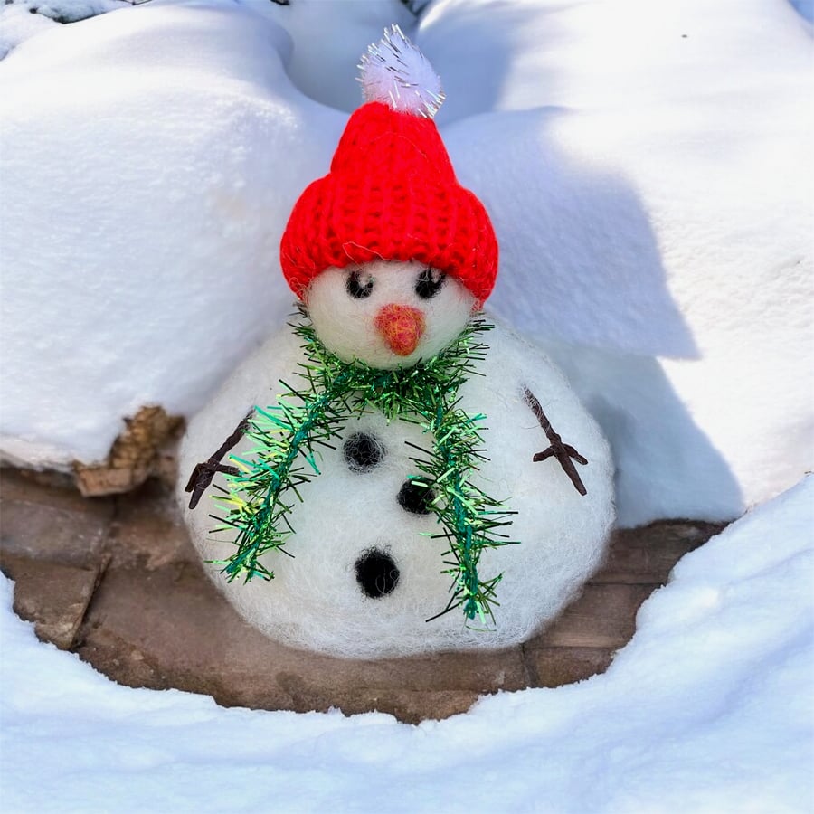 Needle felt melting snowman Christmas decoration