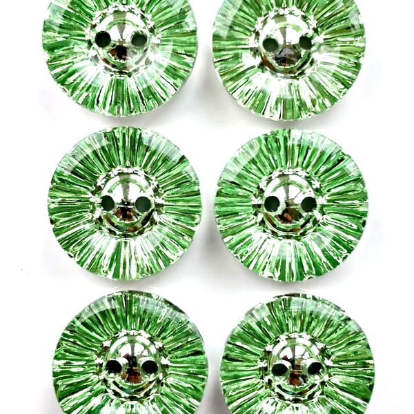 6 Crystal Style Acrylic Dish Buttons, Green 15mm Wide, Sparkly, Buy 1 Get 1 Free
