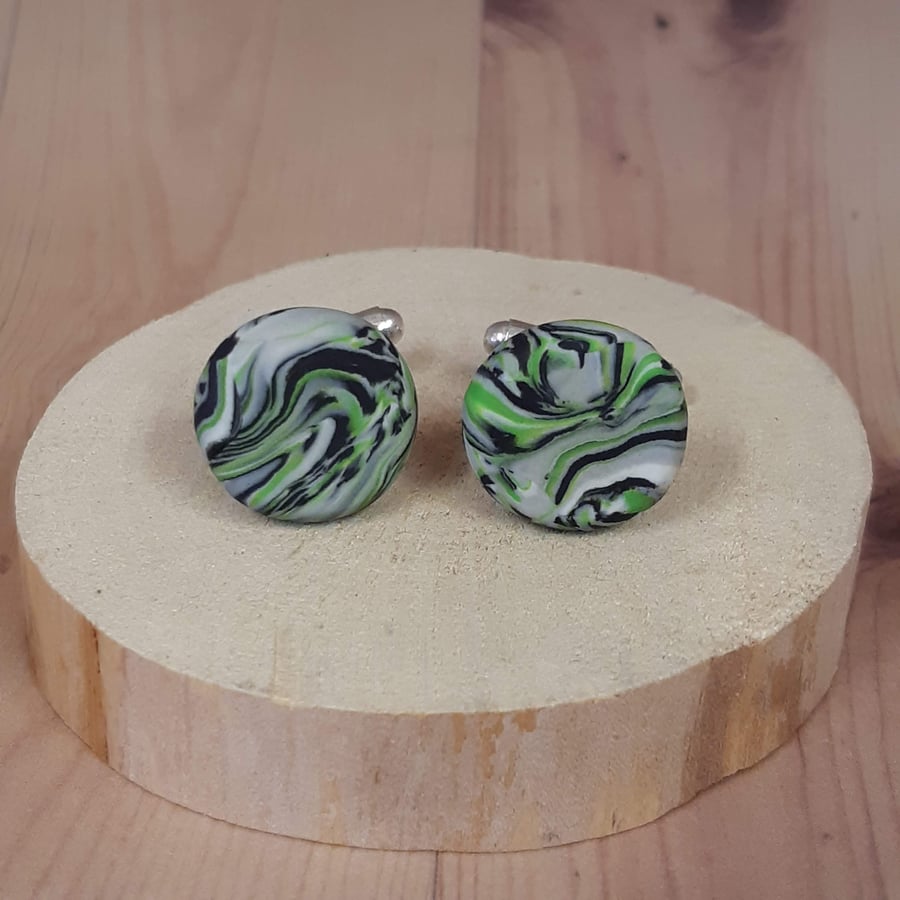 Cufflinks in bright green, black, white and silver 