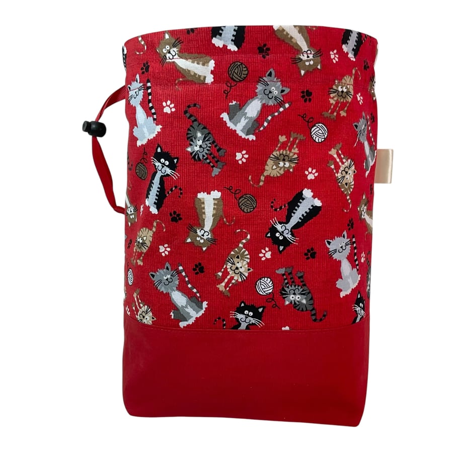 two at a time knitting bag with cats, sock sack, drawstring divided pouch, 