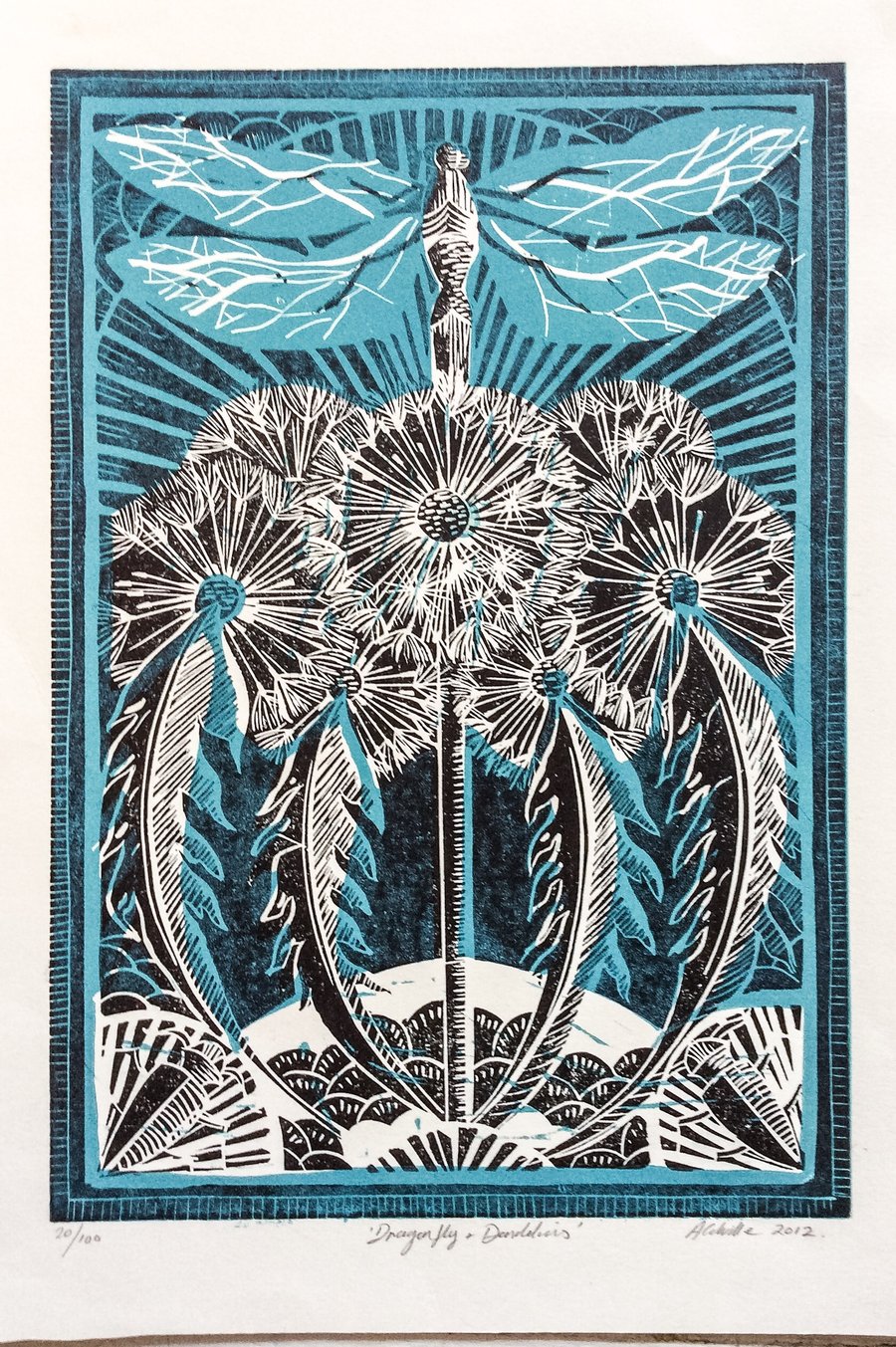 Dragonfly and Dandelions Blue Hand printed Linocut Print