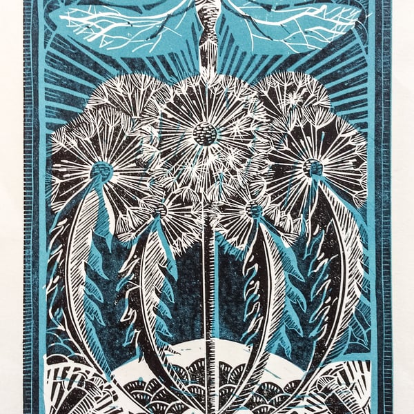 Dragonfly and Dandelions Blue Hand printed Linocut Print