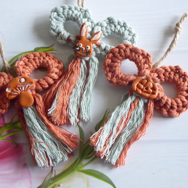 Macrame Bow Set, Bow Decorations, Woodland Bow Set, Orange Bow Set