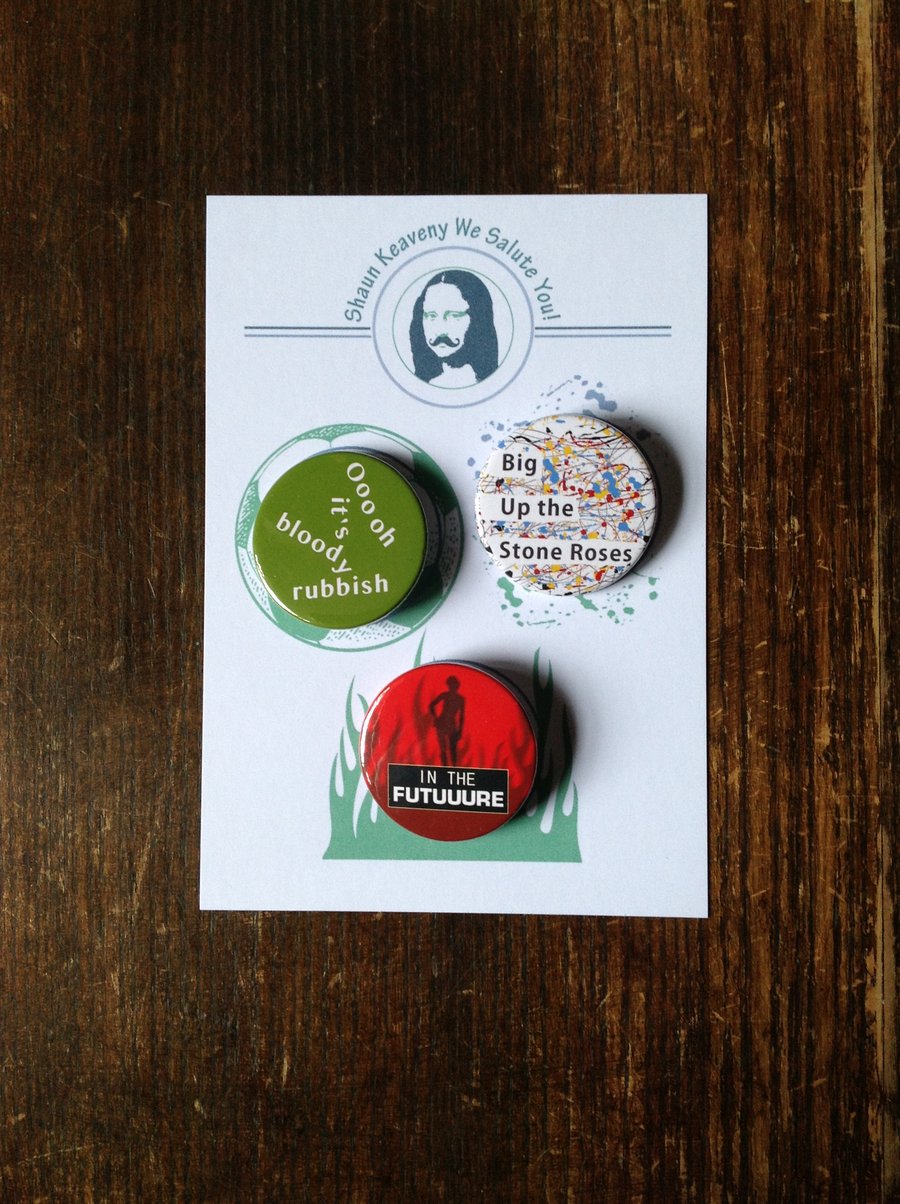 Shaun Keaveny Cart Wall 38mm Pin Button Badges, The Roses, The Future, Clough