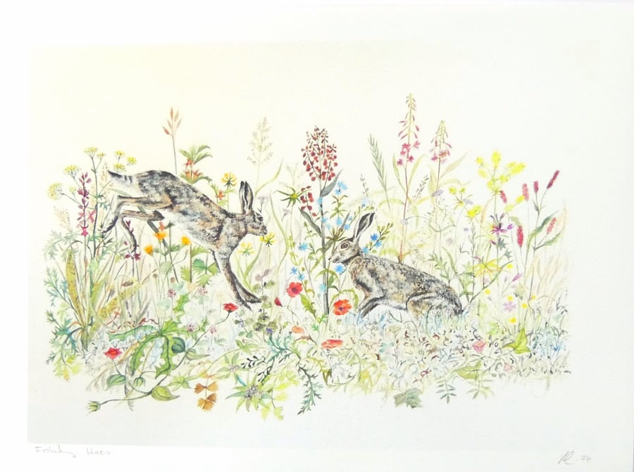 Hare & Wild Flowers Print from Original Watercolour Painting Bespoke Home Decor