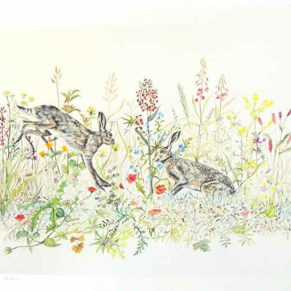 Hare & Wild Flowers Print from Original Watercolour Painting Bespoke Home Decor