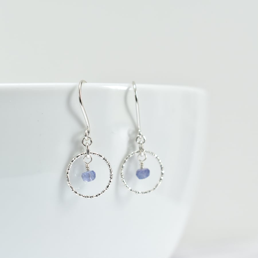 Tanzanite and Delicate Sparkly Sterling Silver Circle Earrings