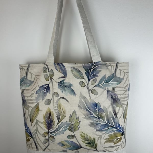 Leaf Print Canvas Tote Bag with Vintage Linen Bottom, Handmade Country Style Bag